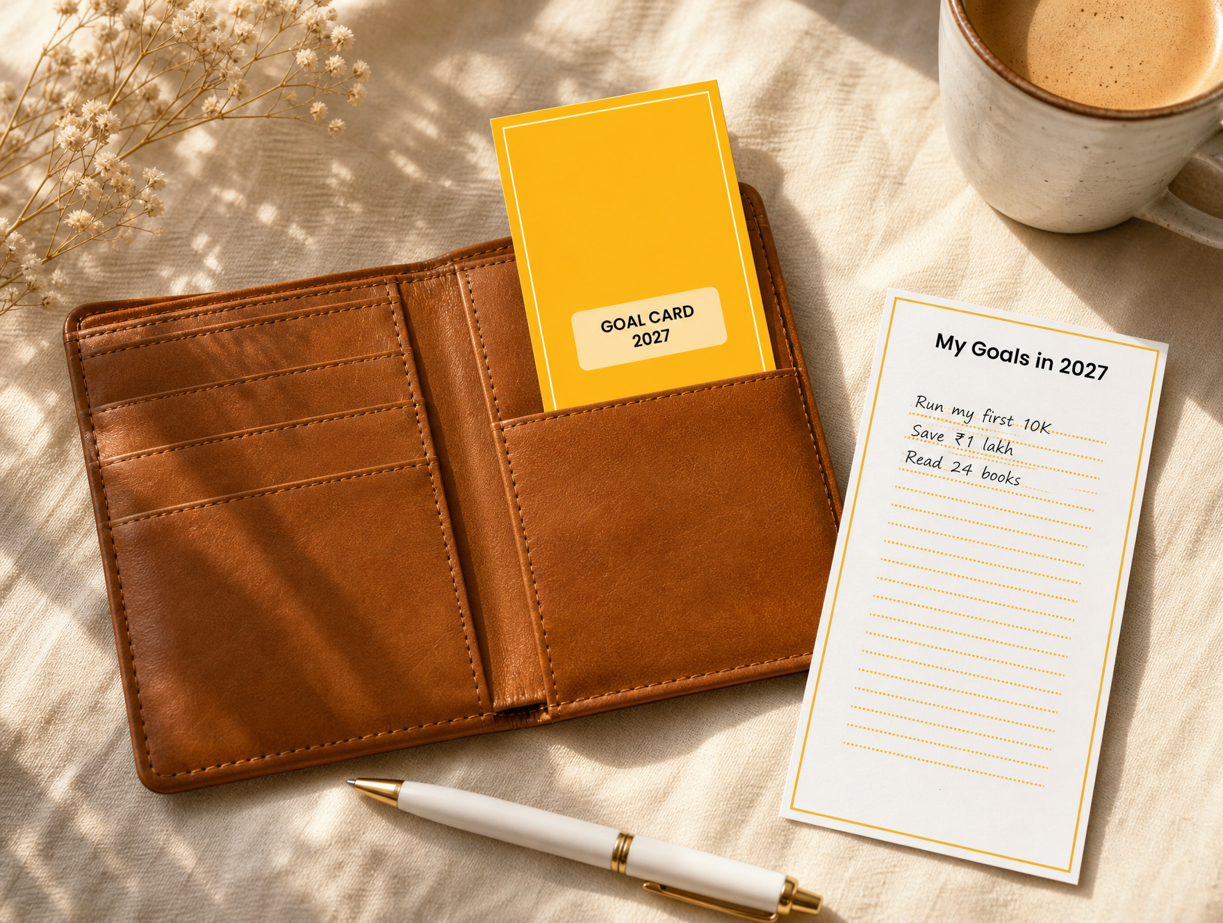 Goal Card 2027 tucked in a leather wallet next to the My Goals in 2027 card