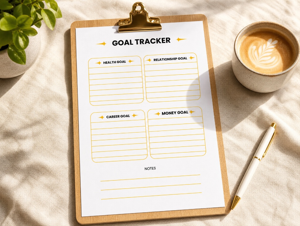 Goal Tracker printable with Health, Relationship, Career and Money goal boxes