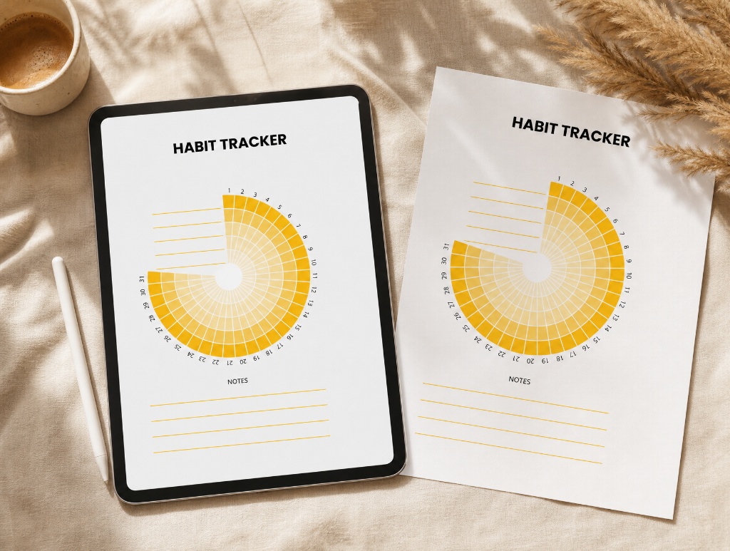 Circular 31-day Habit Tracker shown on a tablet and as a printed page