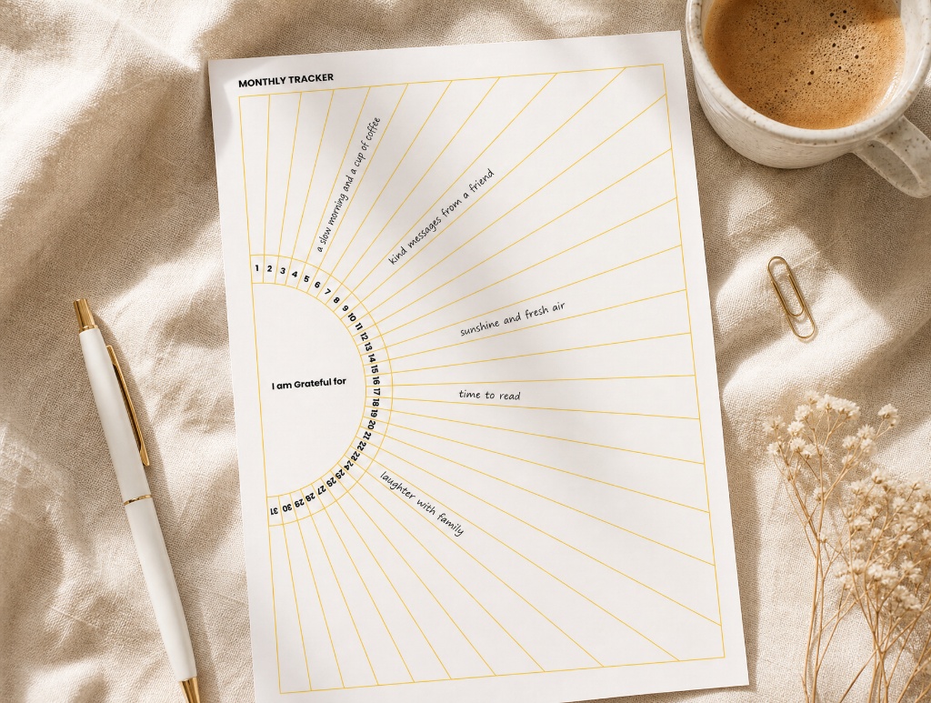 Monthly gratitude tracker with sun rays for each day of the month