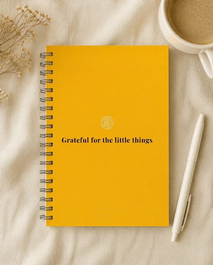 Back cover of the journal reading Grateful for the little things