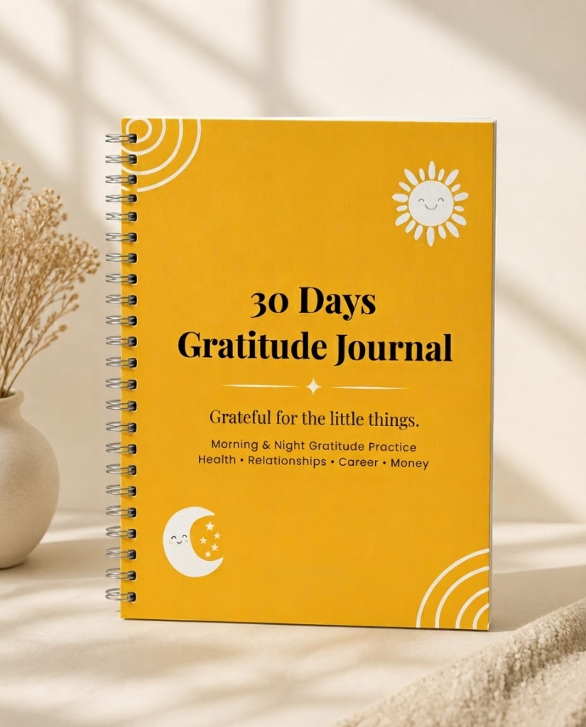 30 Days Gratitude Journal yellow spiral-bound cover with sun and moon illustrations