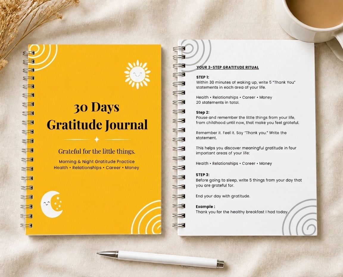 30 Days Gratitude Journal cover next to the 3-step gratitude ritual page