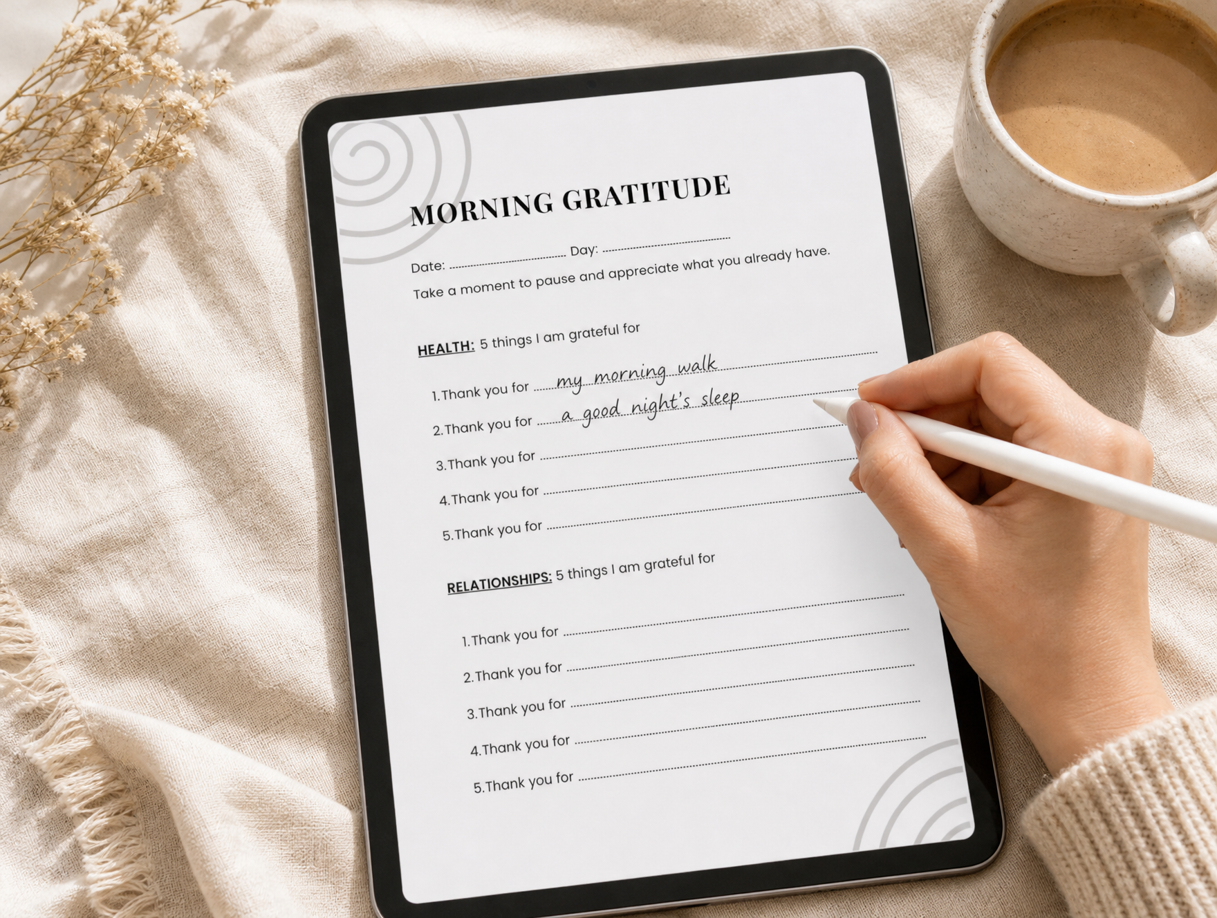 Writing in the gratitude journal PDF on a tablet with a stylus