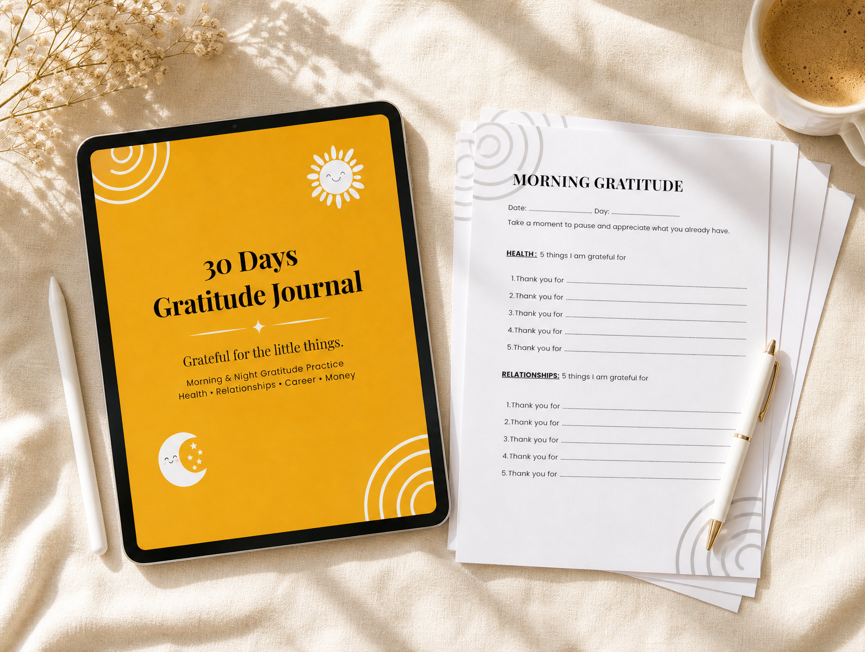 30 Days Gratitude Journal PDF shown on a tablet next to printed A4 pages