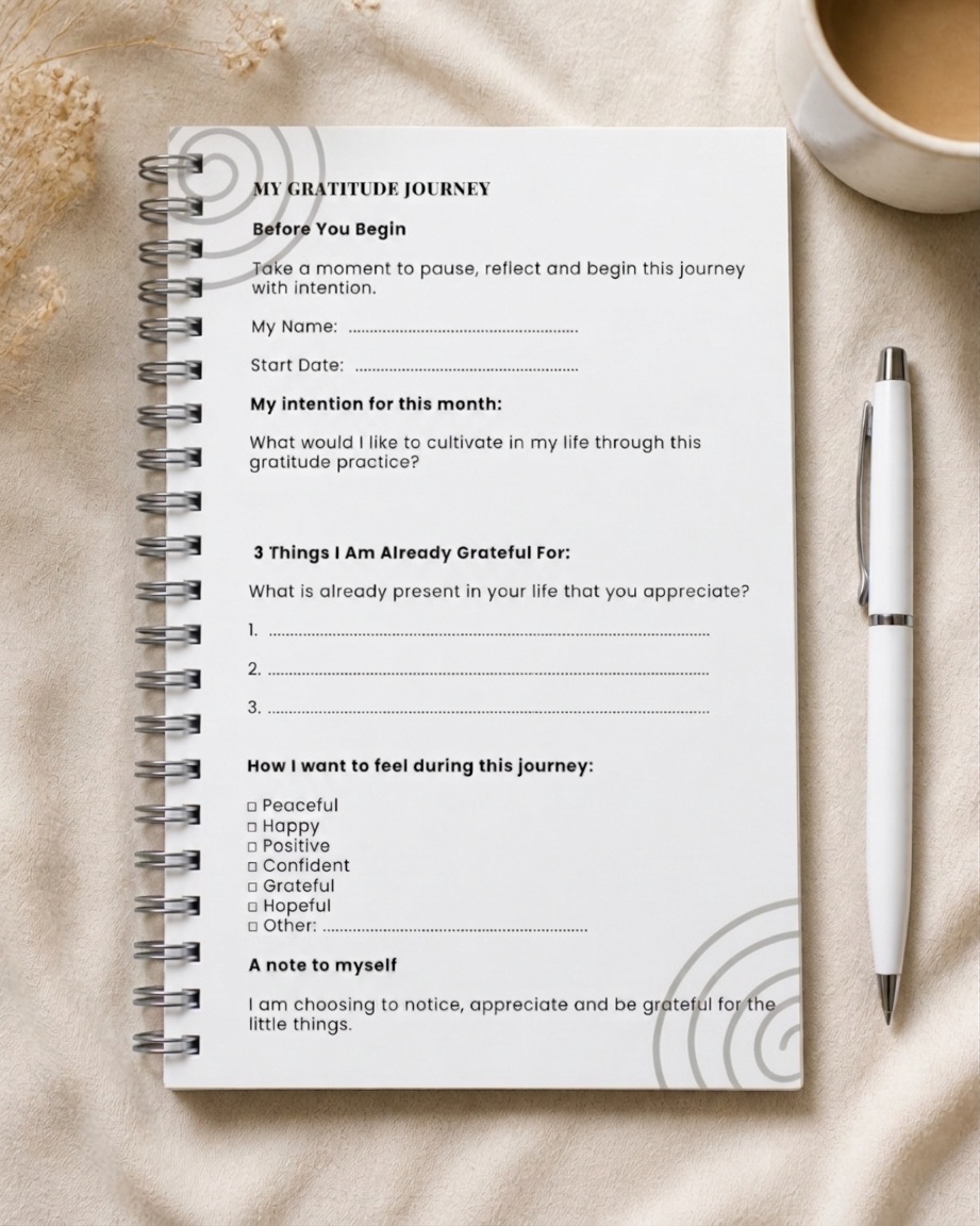 My Gratitude Journey page with intention and feelings checklist