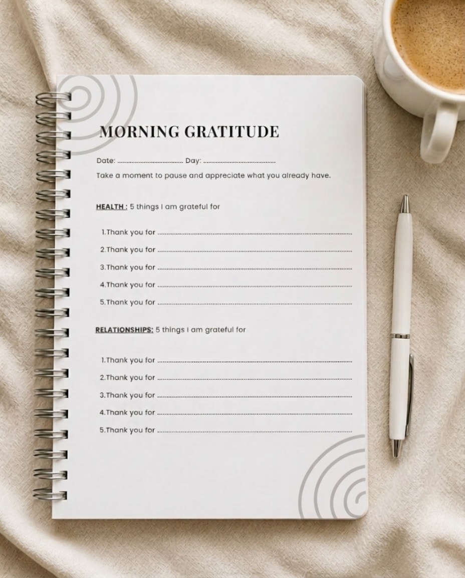Morning Gratitude page with Thank you for prompts for Health and Relationships